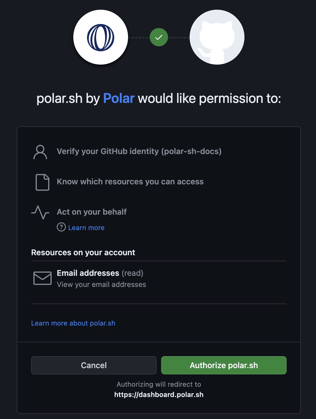 Screenshot of GitHub OAuth with Polar
