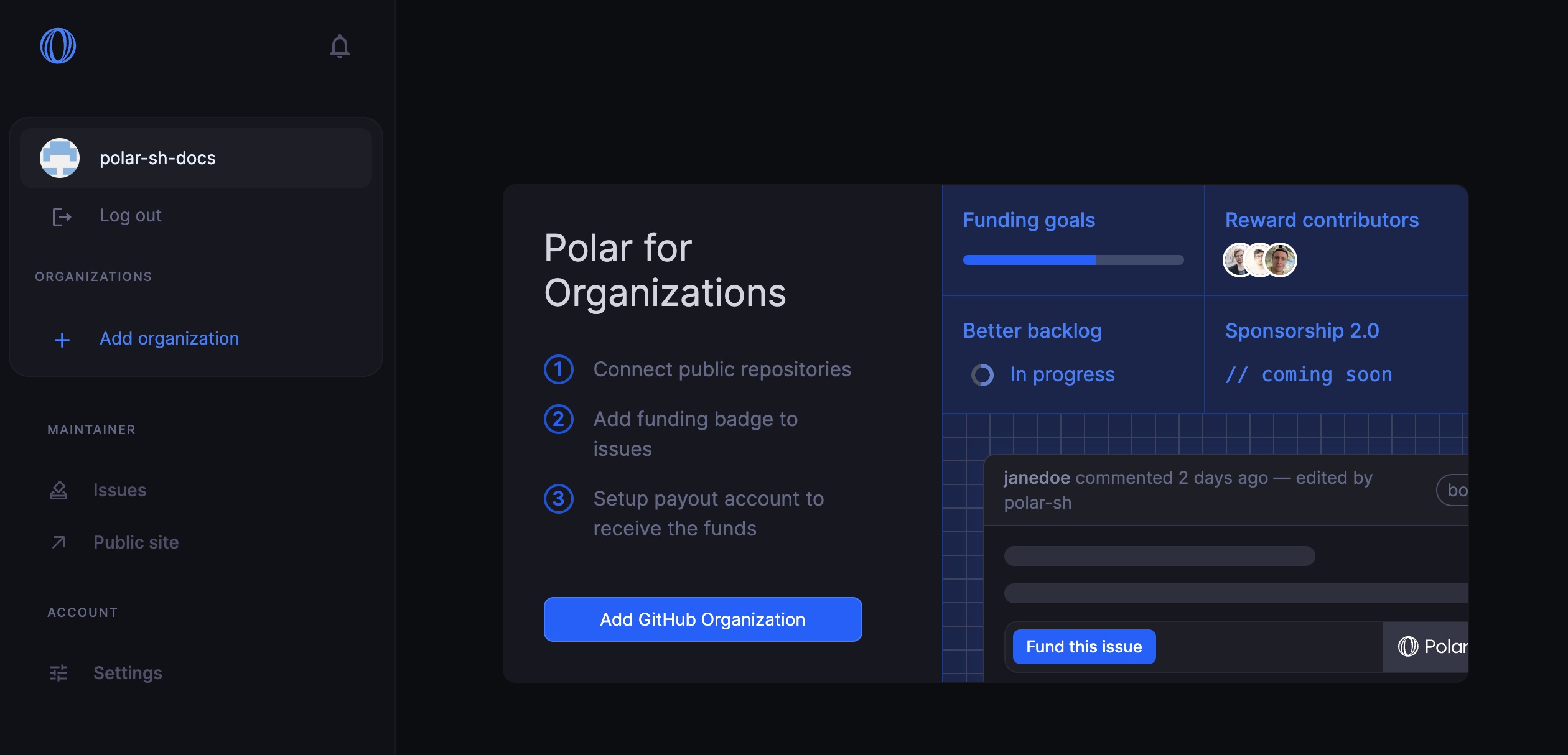 Screenshot of adding maintainer organizations in Polar